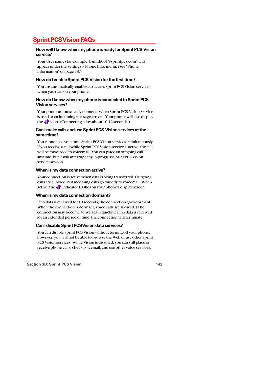 Audiovox PM-8920 manual Sprint PCSVision FAQs, When is my data connection active?, When is my data connection dormant? 