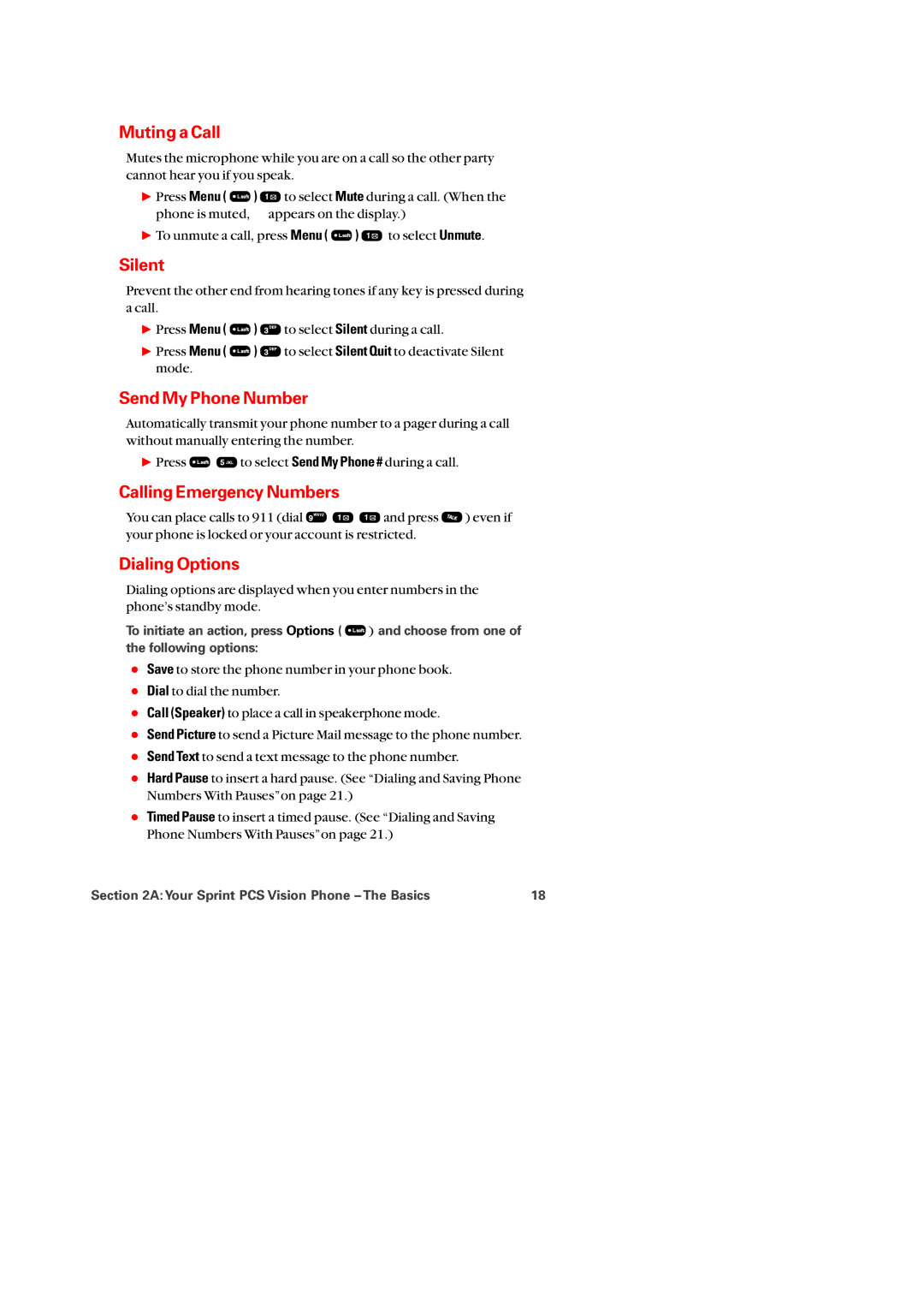 Audiovox PM-8920 manual Muting a Call, Silent, Send My Phone Number, Calling Emergency Numbers, Dialing Options 