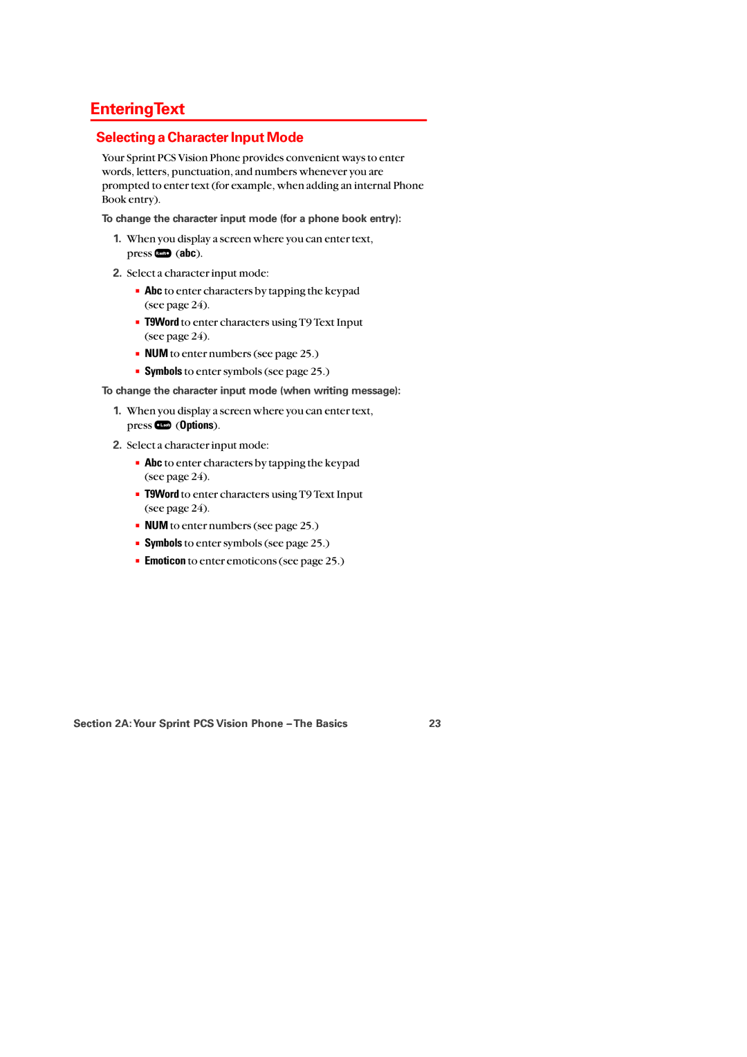 Audiovox PM-8920 EnteringText, Selecting a Character Input Mode, To change the character input mode for a phone book entry 