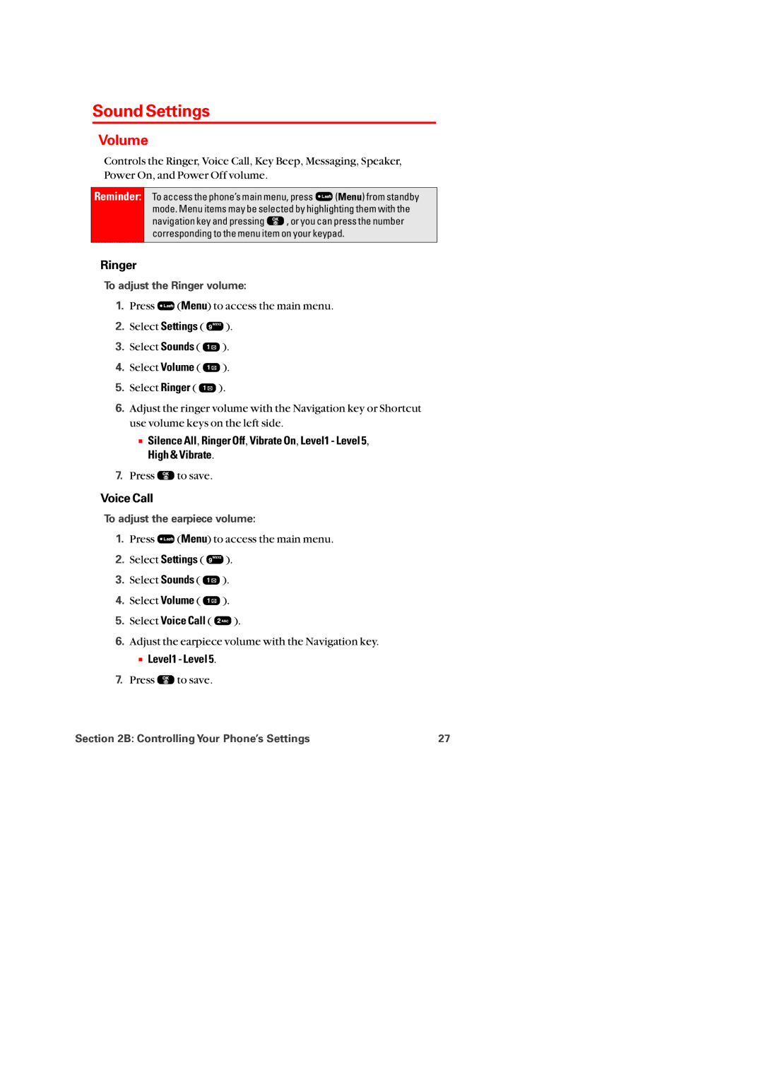 Audiovox PM-8920 manual Sound Settings, Volume, Ringer, Voice Call,  Level1 Level 