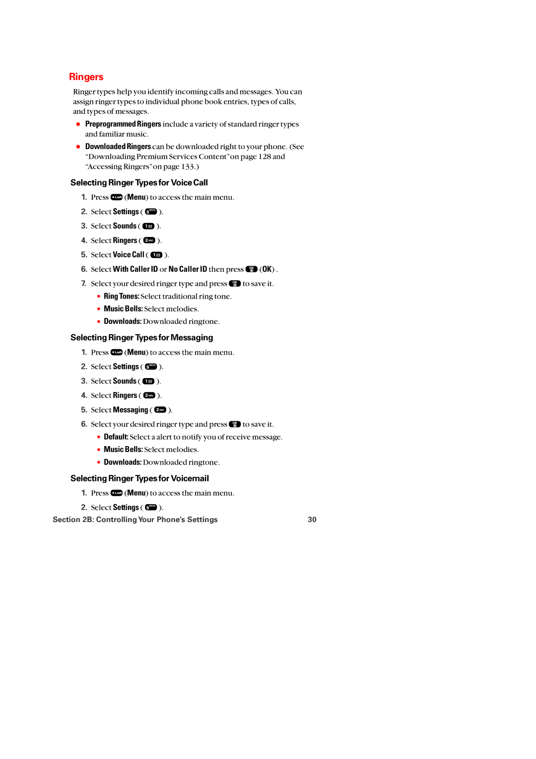 Audiovox PM-8920 manual Ringers, Selecting Ringer Types for Voice Call, Selecting Ringer Types for Messaging 