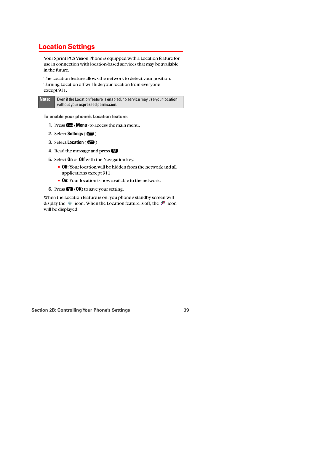 Audiovox PM-8920 manual Location Settings, To enable your phone’s Location feature 