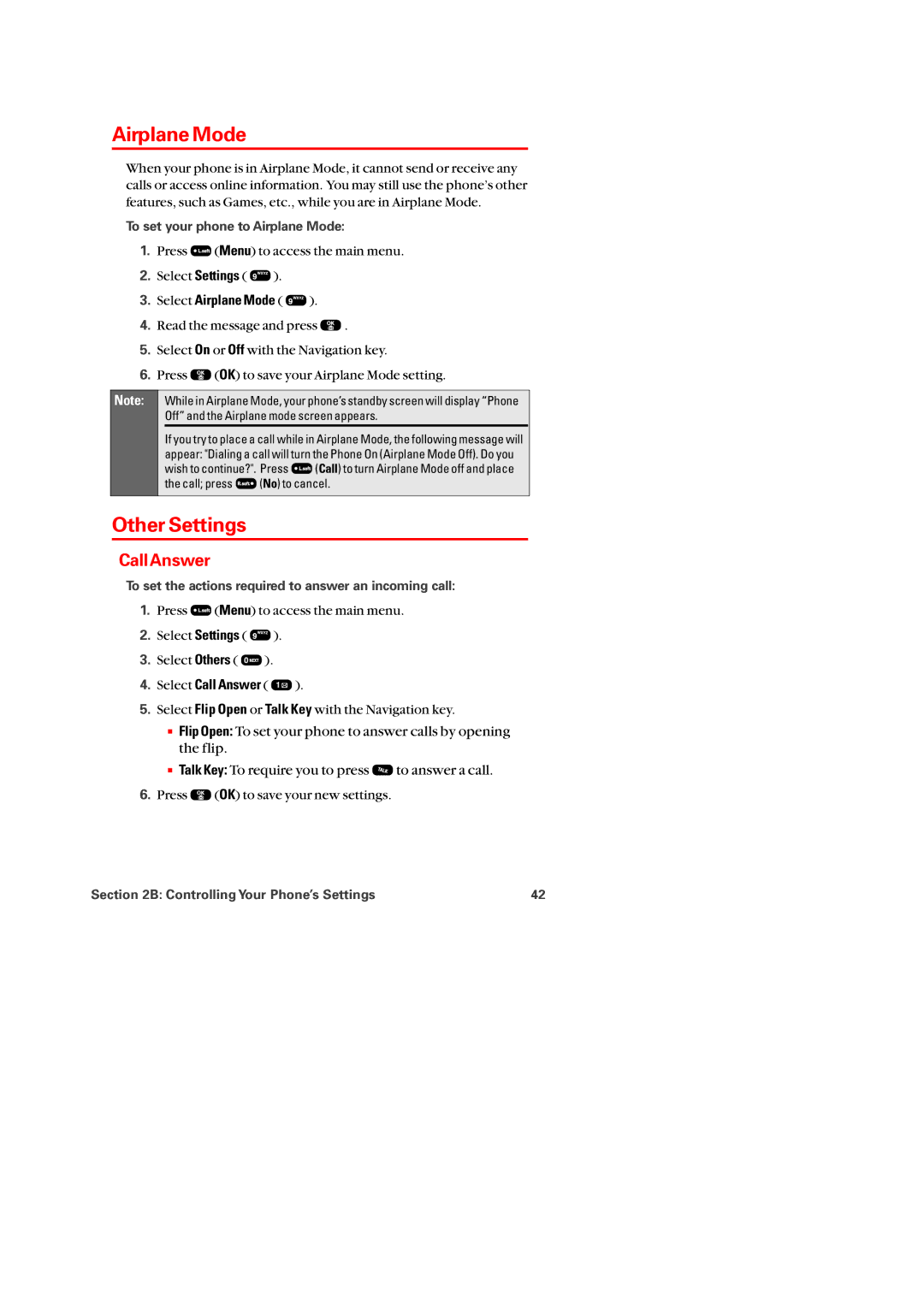 Audiovox PM-8920 manual Other Settings, CallAnswer, Select Airplane Mode 