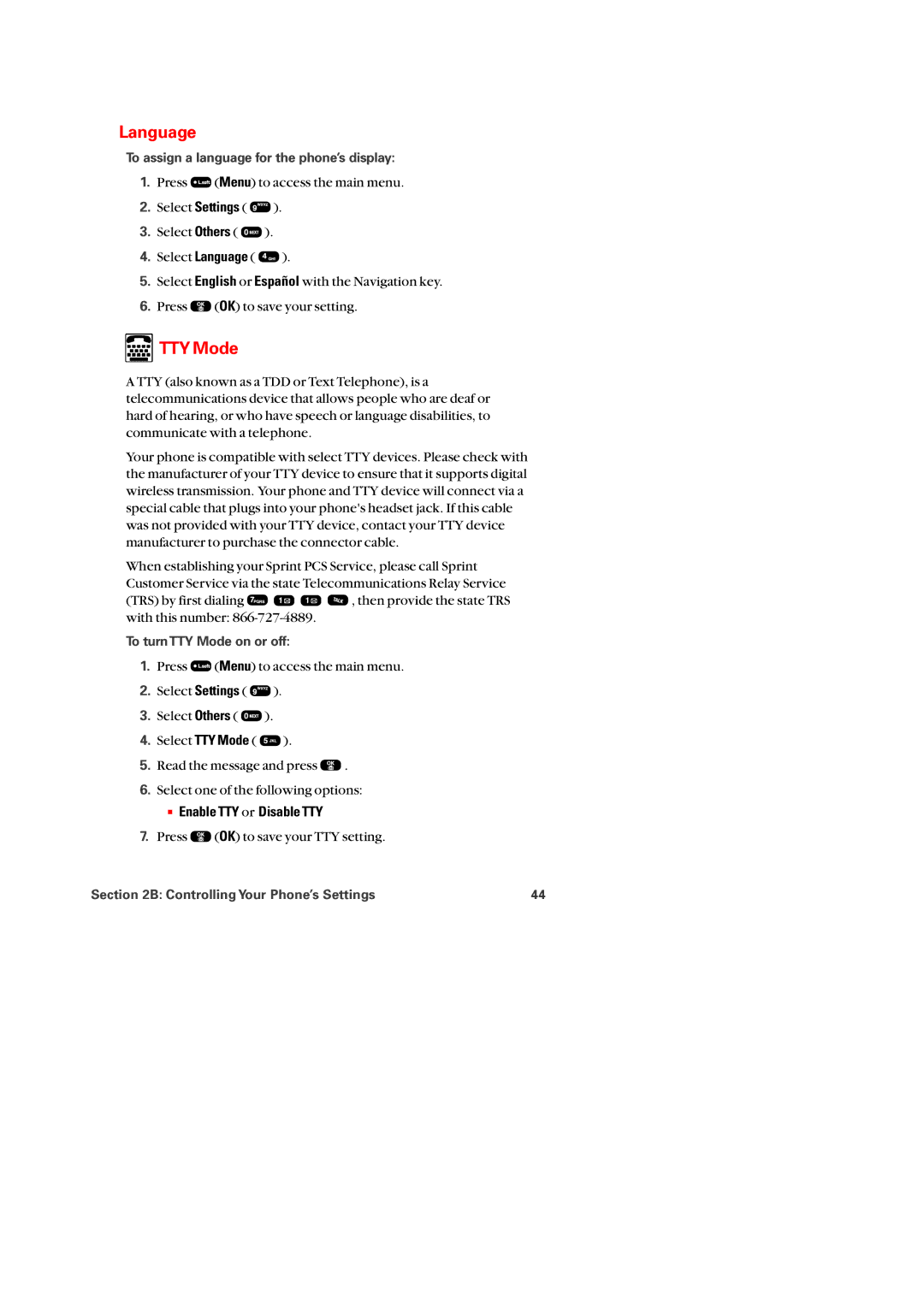 Audiovox PM-8920 manual Language, TTY Mode,  Enable TTY or Disable TTY, To assign a language for the phone’s display 