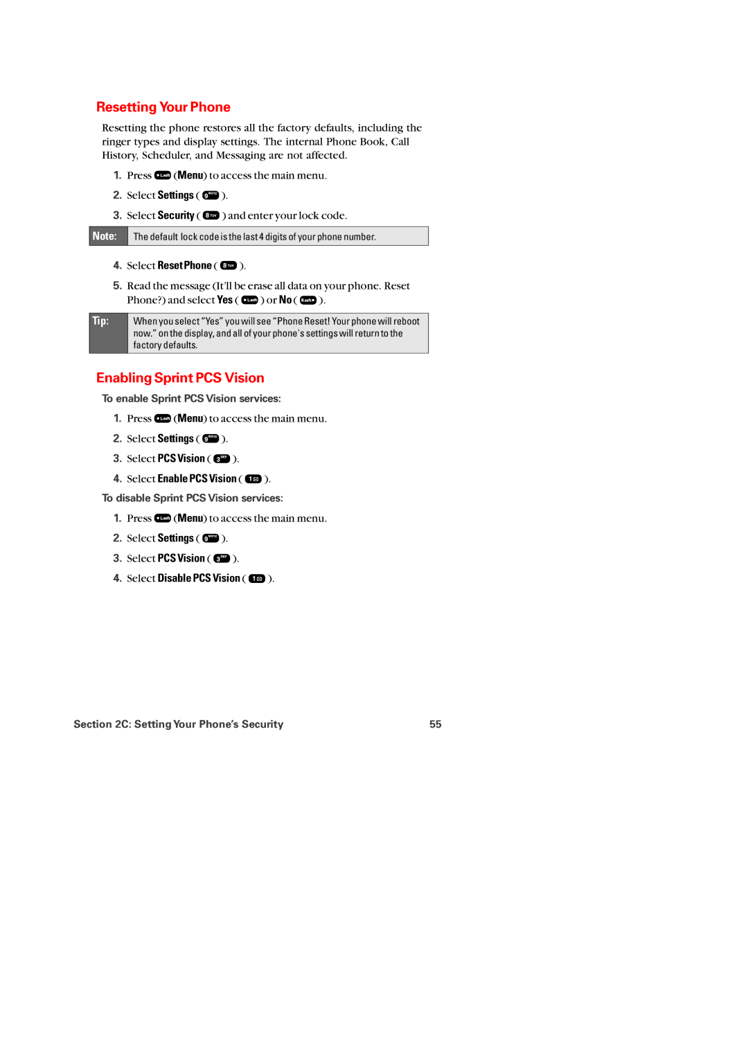 Audiovox PM-8920 Resetting Your Phone, Enabling Sprint PCS Vision, Select Enable PCS Vision, Select Disable PCS Vision 