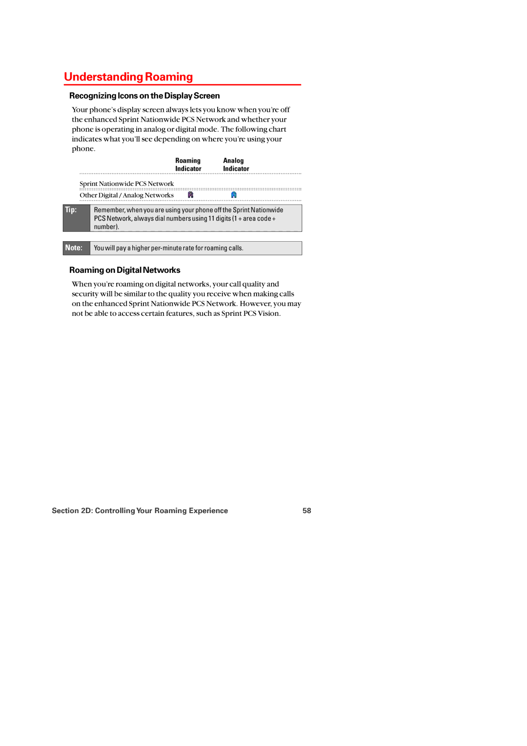 Audiovox PM-8920 manual Understanding Roaming, Recognizing Icons on the Display Screen, Roaming on Digital Networks 