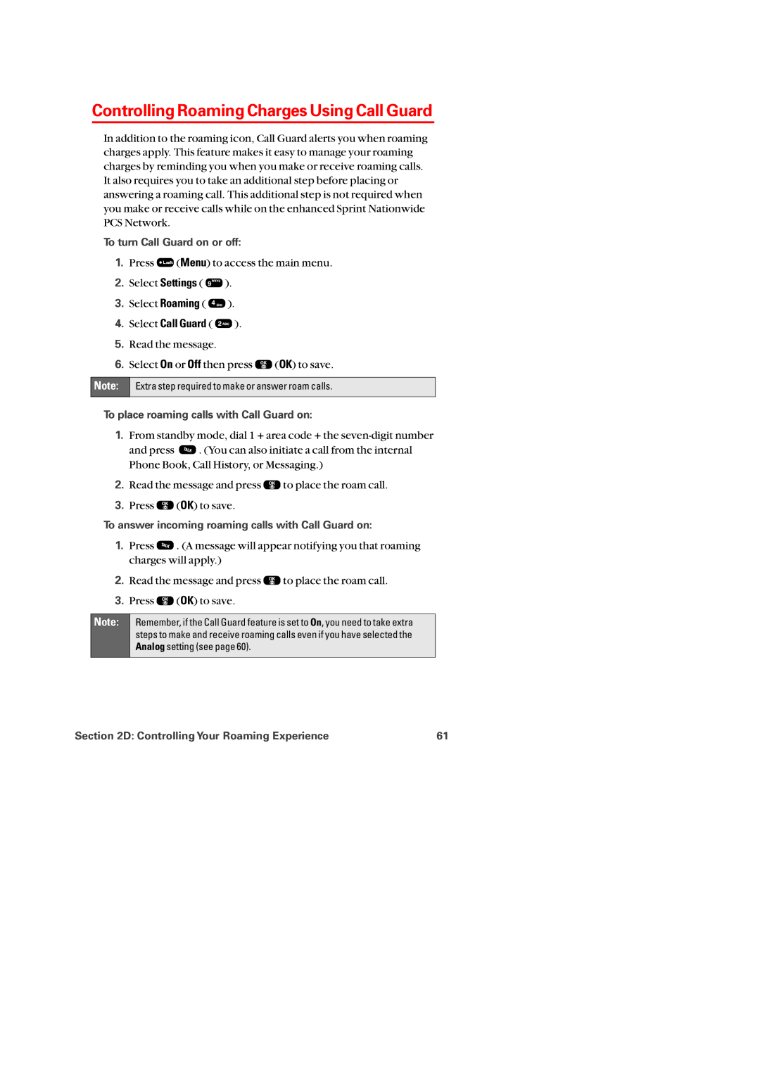 Audiovox PM-8920 manual Controlling Roaming Charges Using Call Guard, To turn Call Guard on or off 