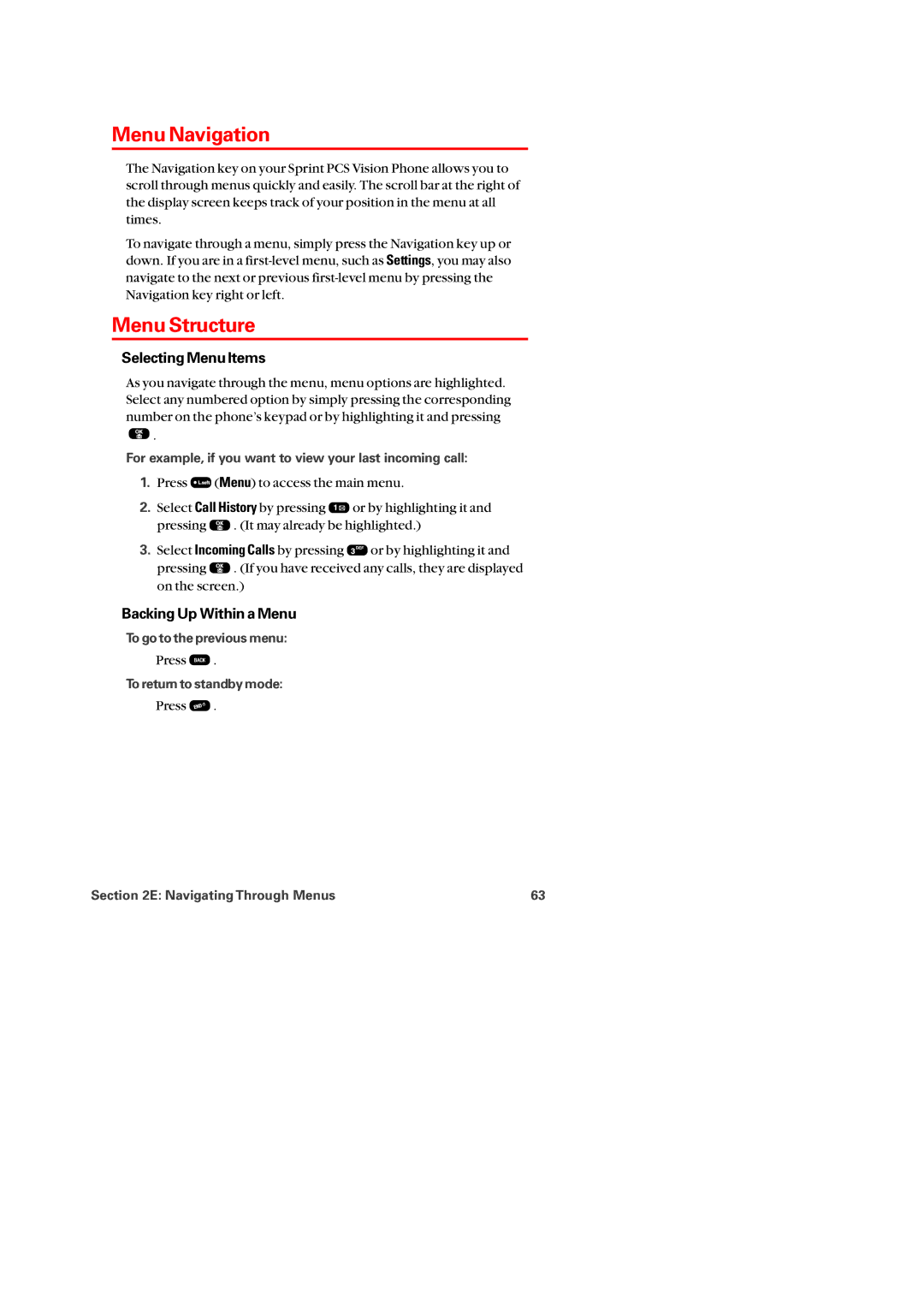 Audiovox PM-8920 manual Menu Navigation, Menu Structure, Selecting Menu Items, Backing Up Within a Menu 