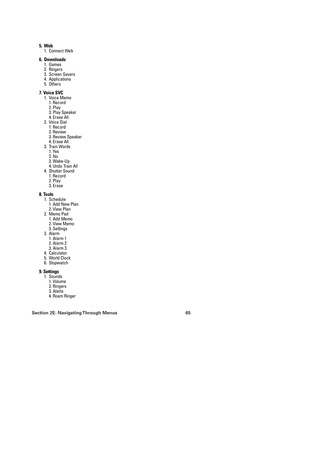 Audiovox PM-8920 manual Web, Downloads, Voice SVC, Tools, Settings 