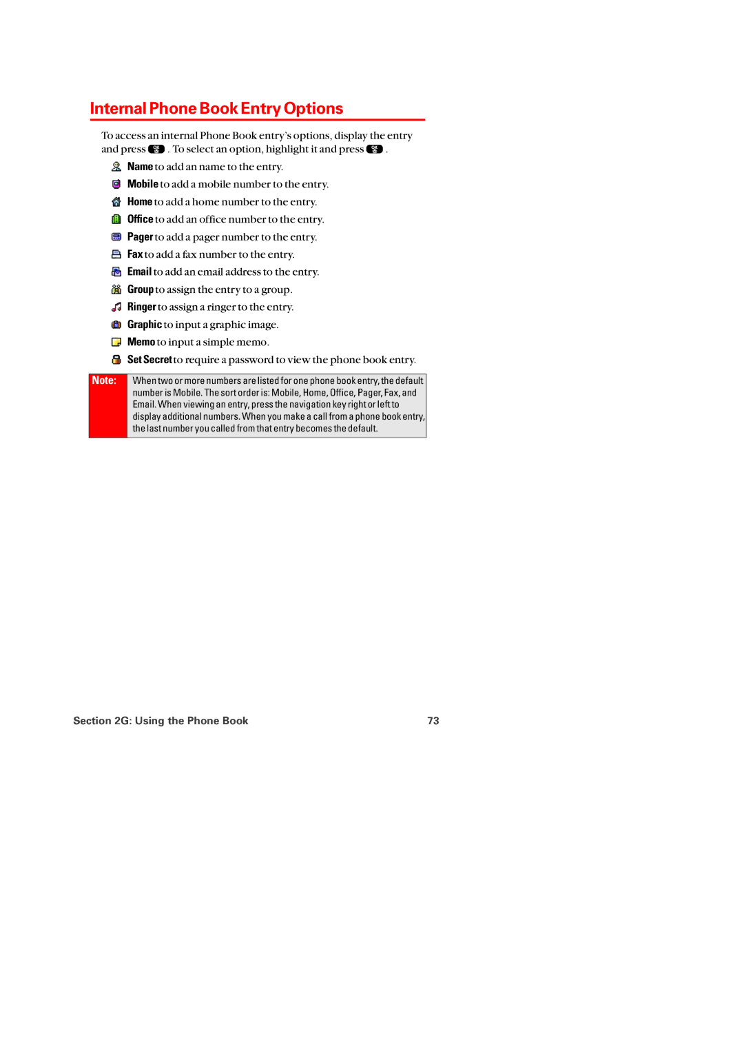 Audiovox PM-8920 manual Internal Phone Book Entry Options 