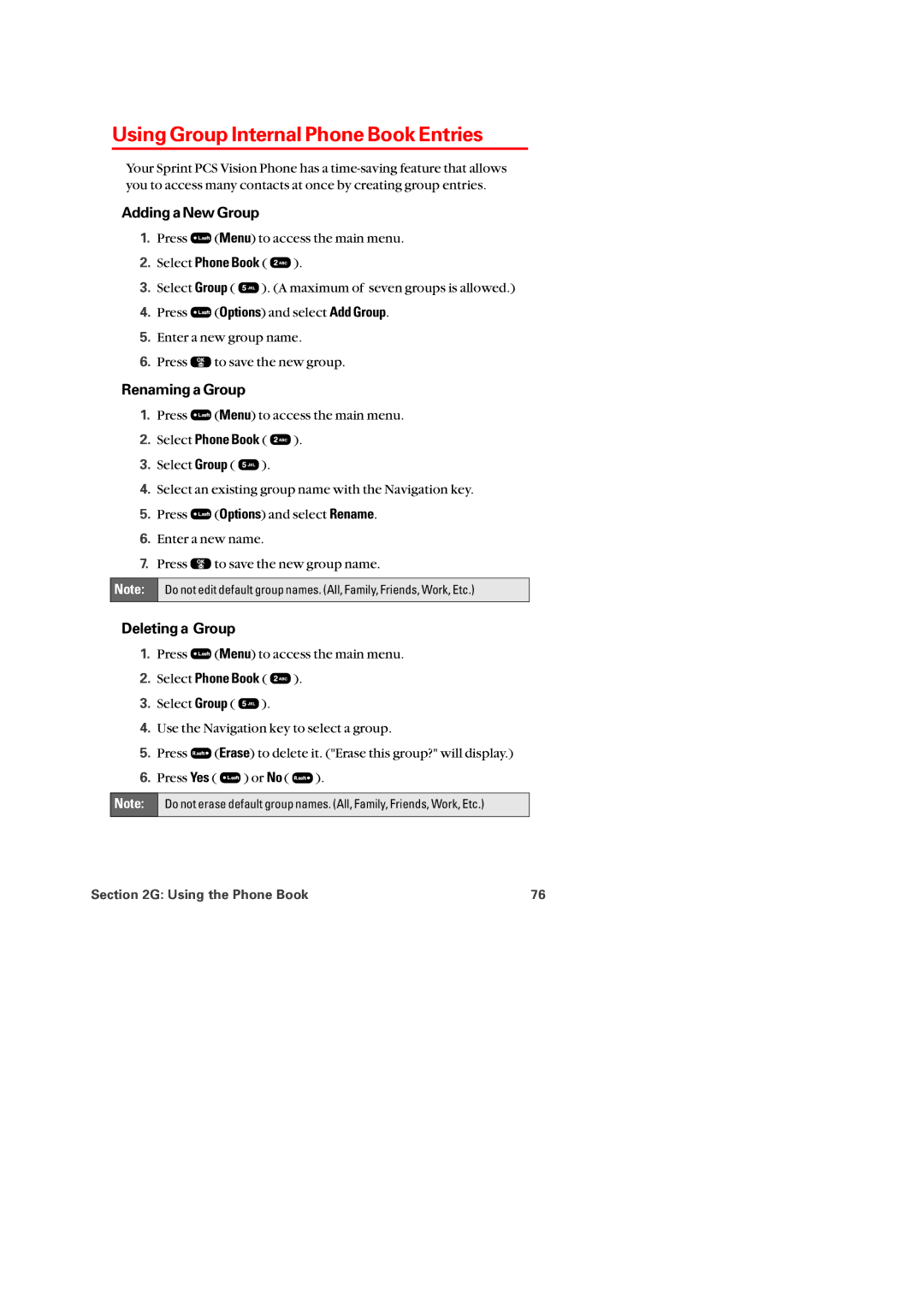 Audiovox PM-8920 manual Using Group Internal Phone Book Entries, Adding a New Group, Renaming a Group, Deleting a Group 