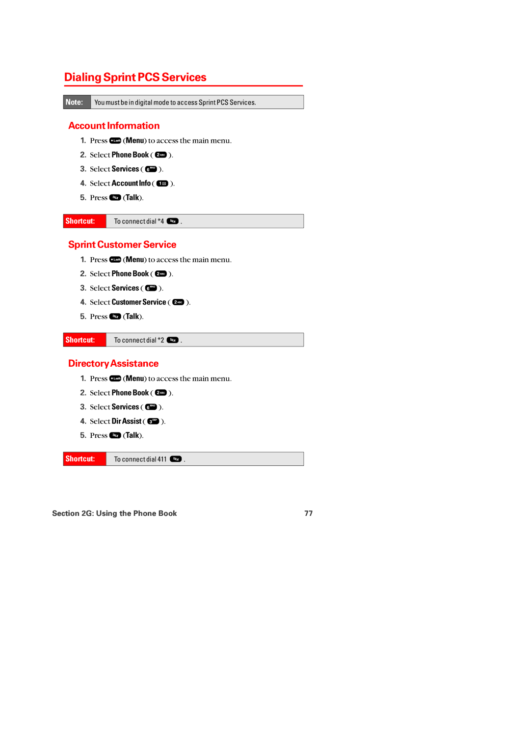 Audiovox PM-8920 manual Dialing Sprint PCS Services, Account Information, Sprint Customer Service, DirectoryAssistance 