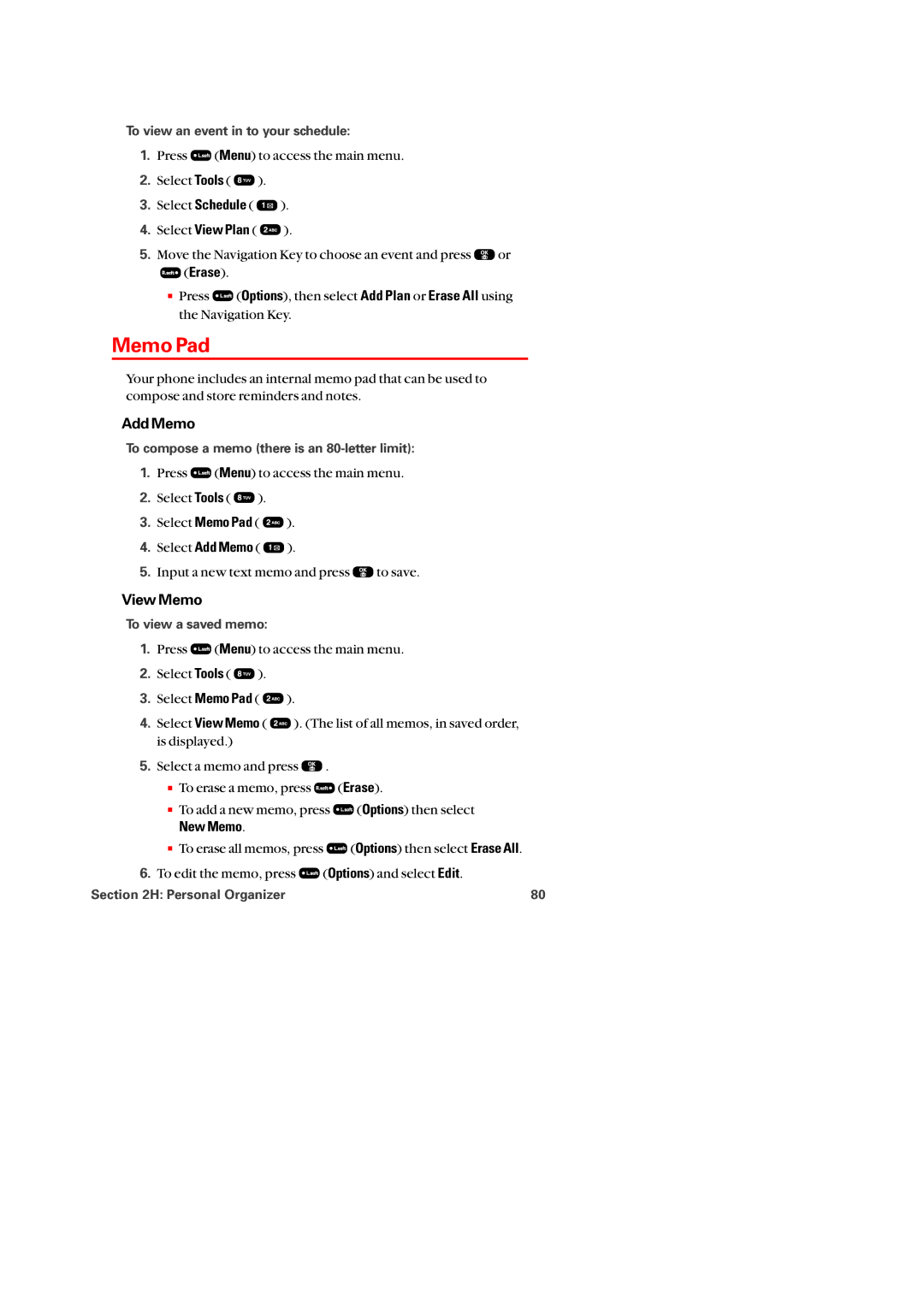 Audiovox PM-8920 manual Memo Pad, Add Memo, View Memo, Erase, New Memo 