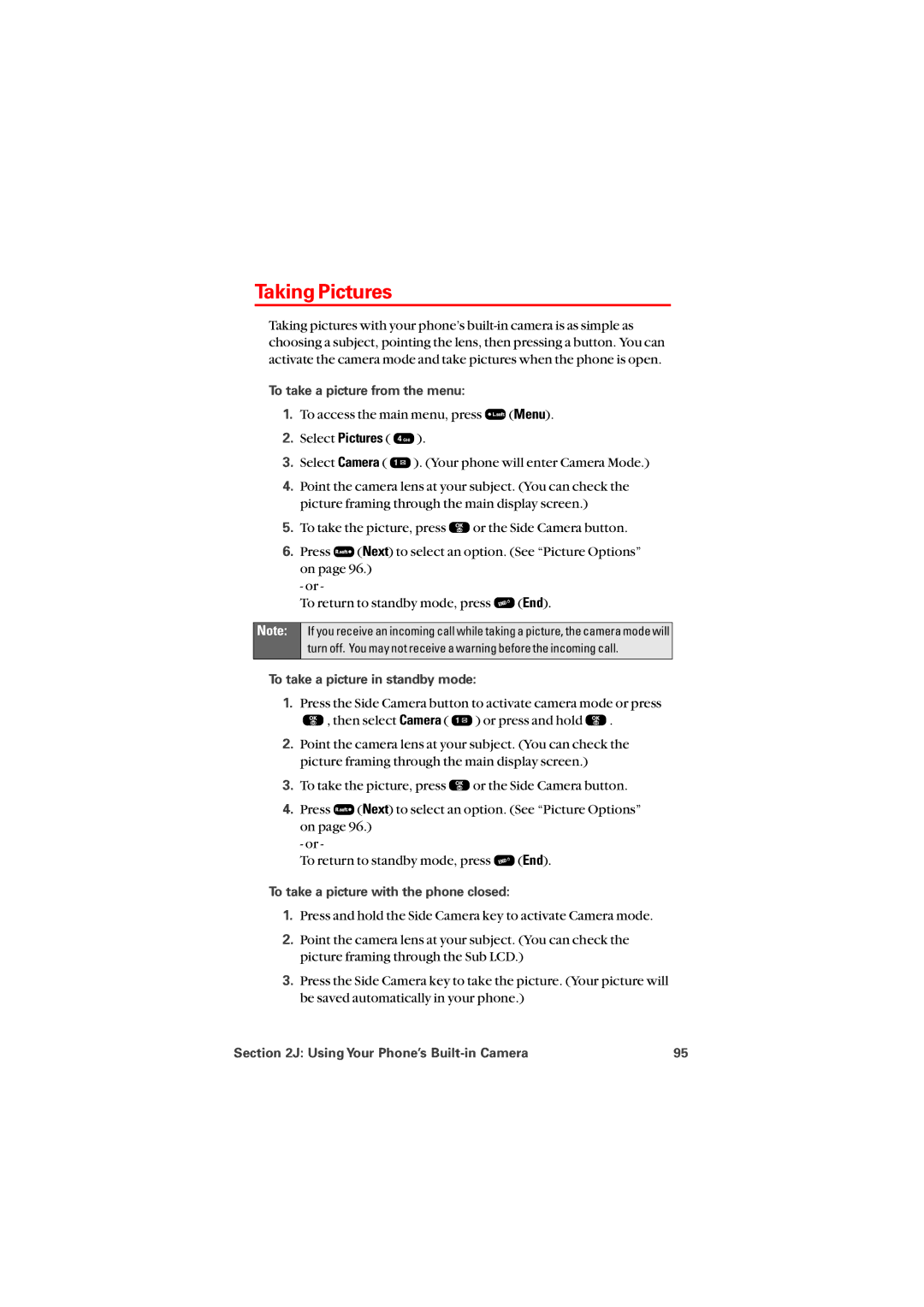 Audiovox PM8912 manual Taking Pictures, To take a picture from the menu, To take a picture in standby mode 