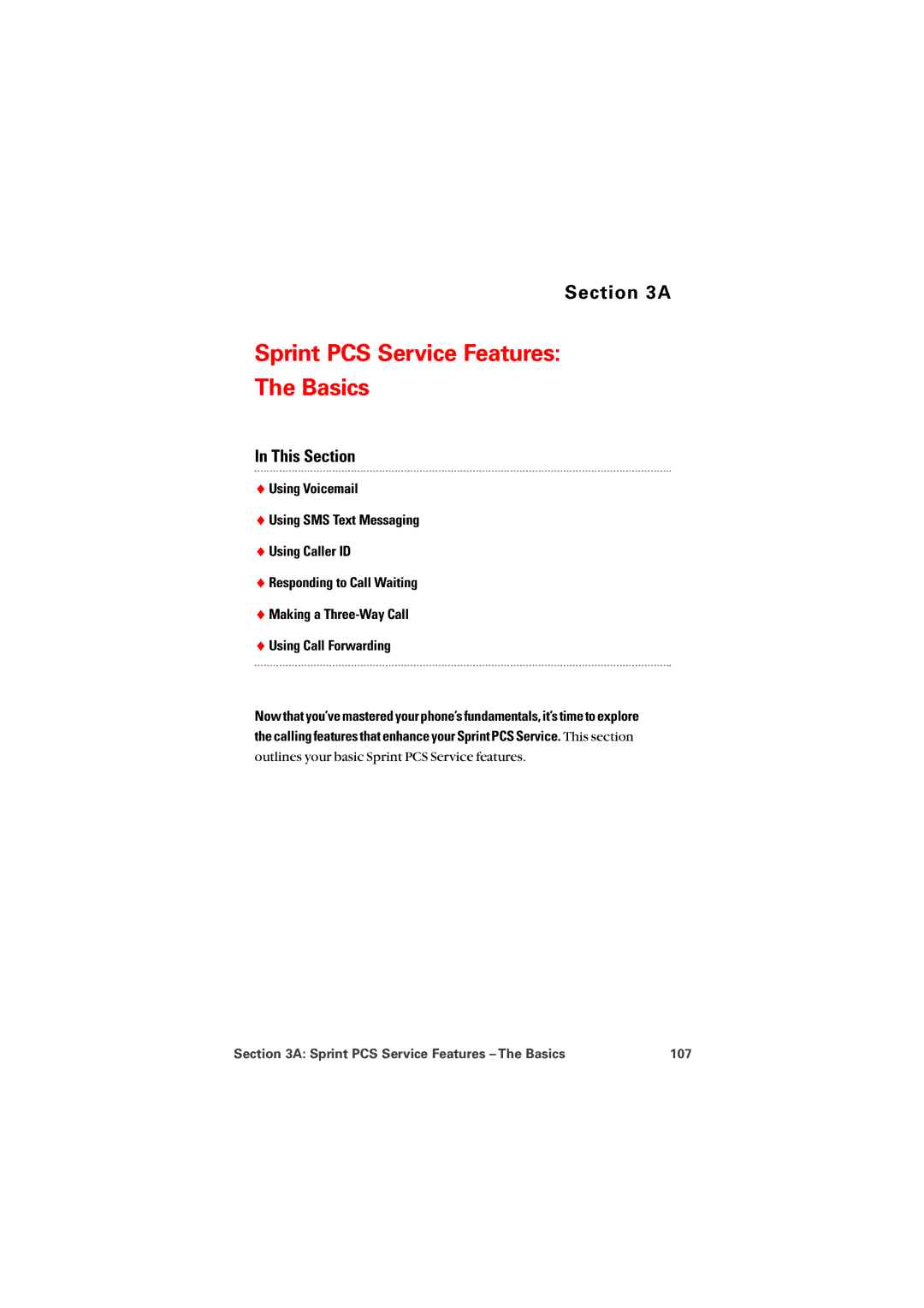 Audiovox PM8912 manual Sprint PCS Service Features Basics, Sprint PCS Service Features The Basics 107 