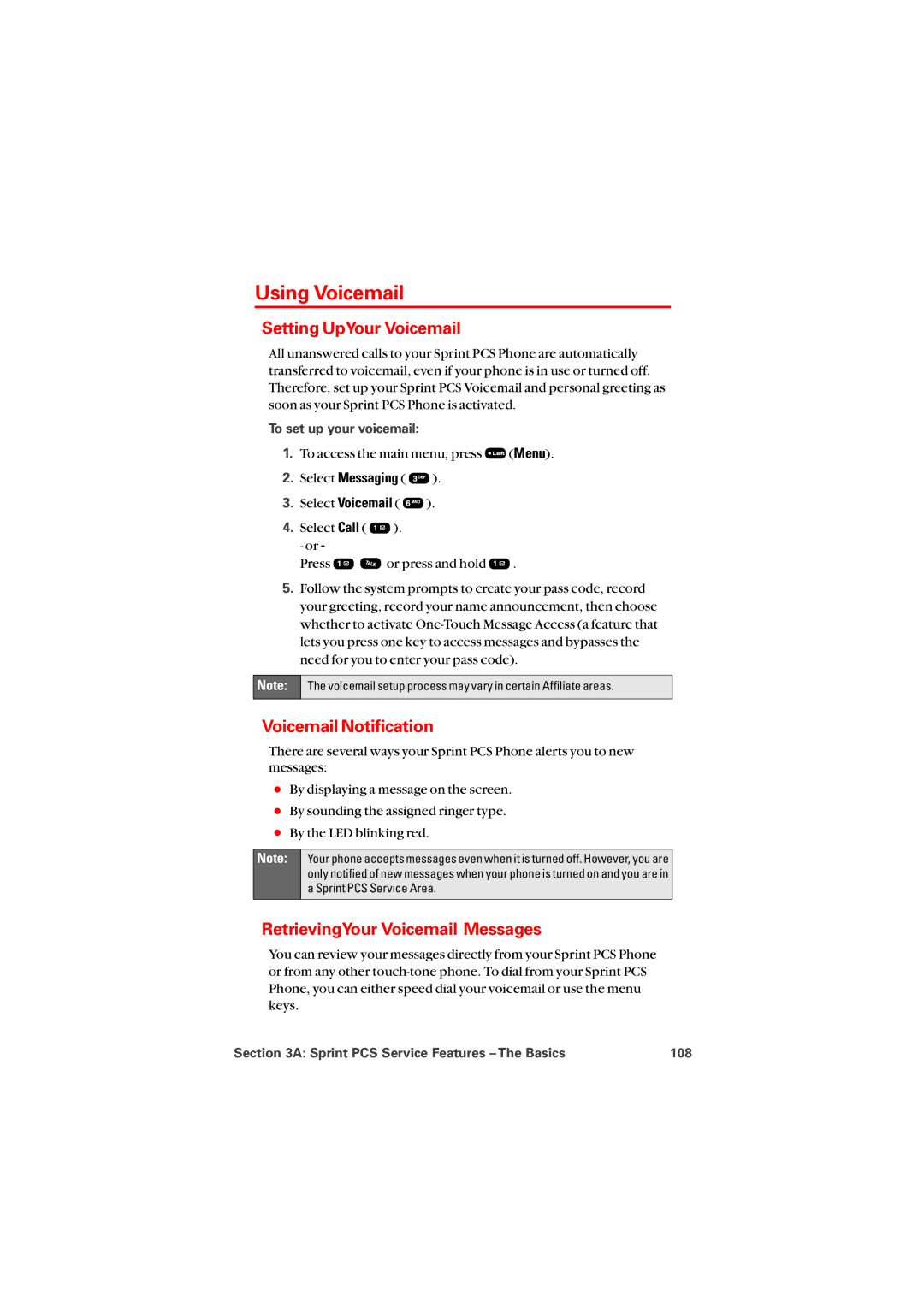 Audiovox PM8912 manual Using Voicemail, Setting UpYour Voicemail, Voicemail Notification, RetrievingYour Voicemail Messages 