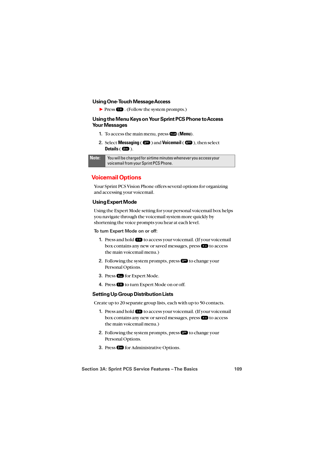 Audiovox PM8912 Voicemail Options, Using One-Touch MessageAccess, Using Expert Mode, Setting Up Group Distribution Lists 