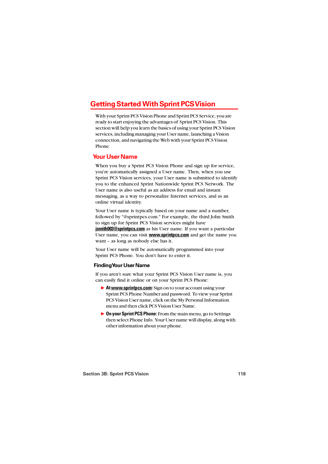 Audiovox PM8912 manual Getting Started With Sprint PCSVision, FindingYour User Name, Sprint PCS Vision 118 