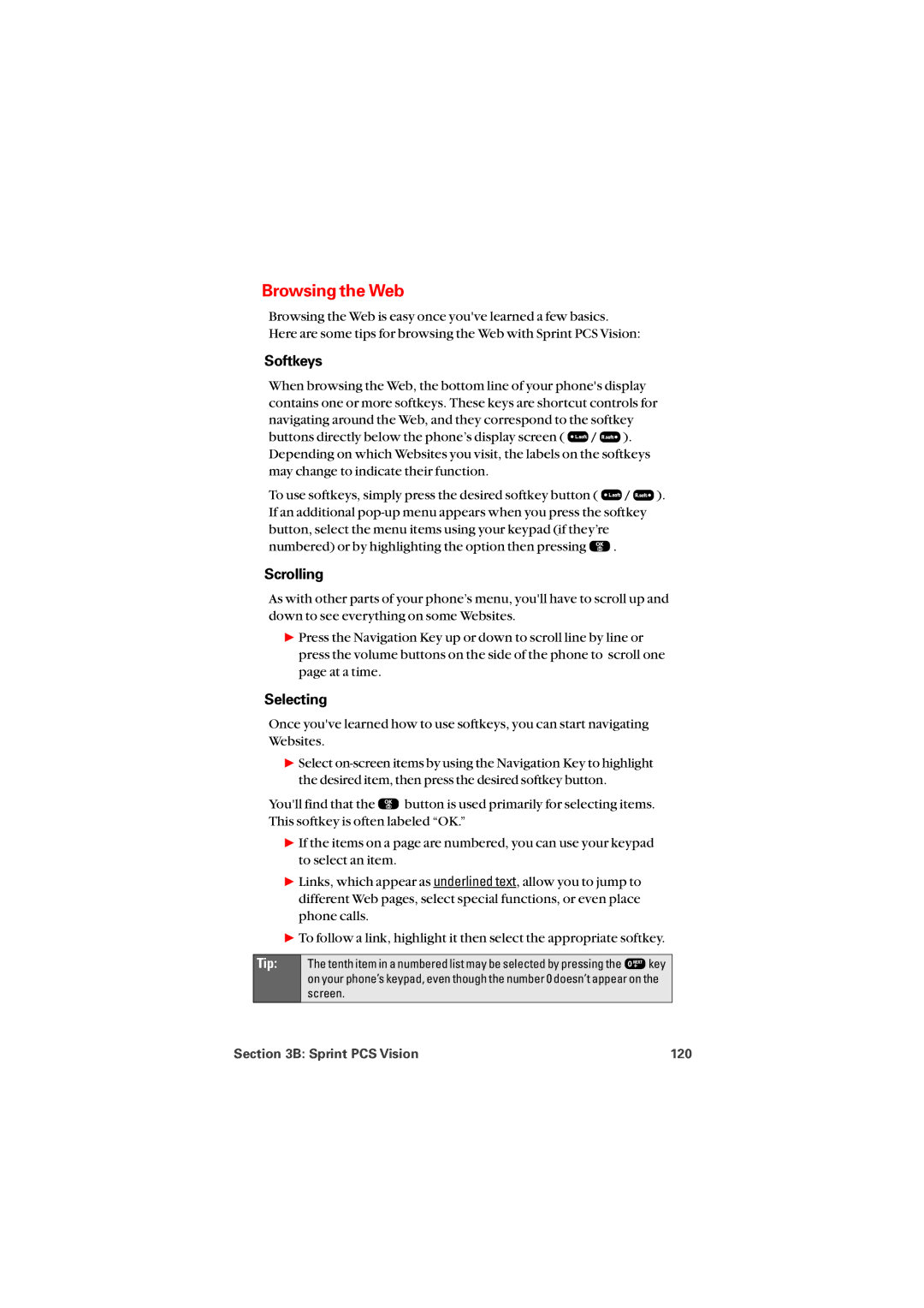 Audiovox PM8912 manual Browsing the Web, Softkeys, Scrolling, Selecting, Sprint PCS Vision 120 