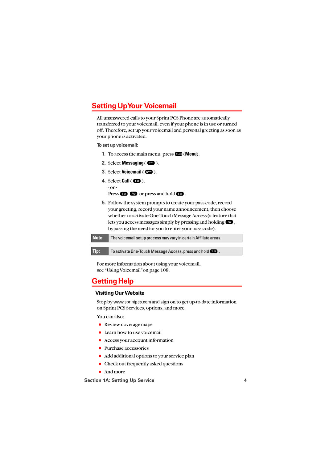 Audiovox PM8912 manual Setting UpYour Voicemail, Getting Help, Visiting Our Website, To set up voicemail 