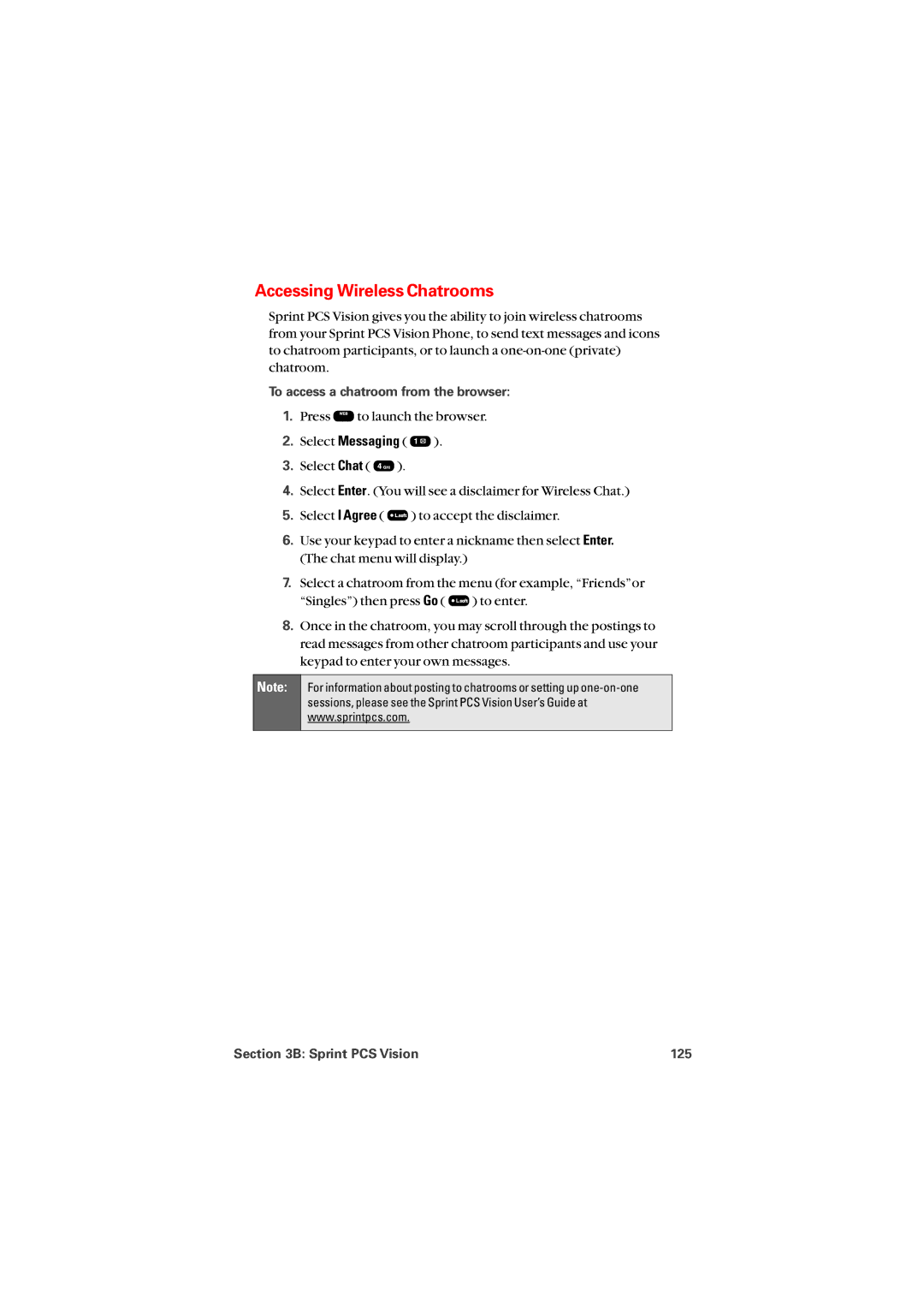 Audiovox PM8912 manual Accessing Wireless Chatrooms, To access a chatroom from the browser, Sprint PCS Vision 125 