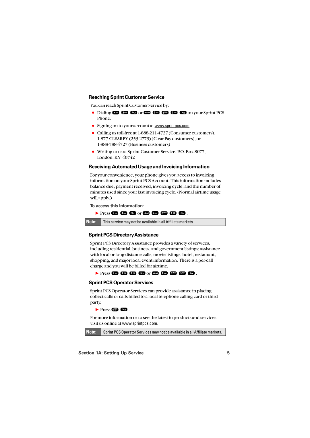 Audiovox PM8912 manual Reaching Sprint Customer Service, Receiving Automated Usage and Invoicing Information 