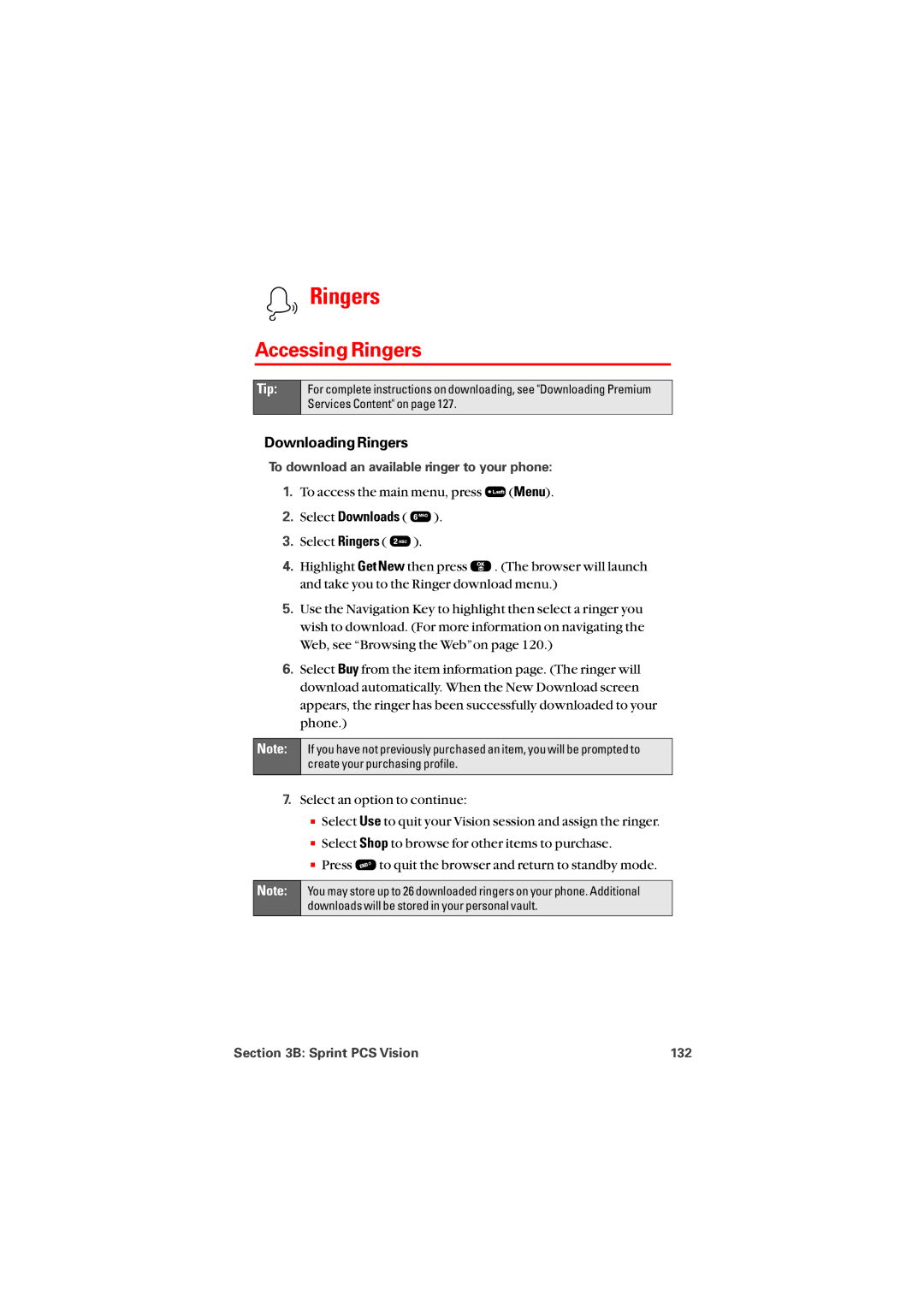 Audiovox PM8912 manual Accessing Ringers, Downloading Ringers, To download an available ringer to your phone 