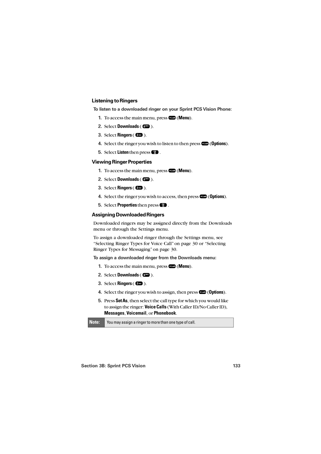 Audiovox PM8912 manual Listening to Ringers, Viewing Ringer Properties, Assigning Downloaded Ringers 