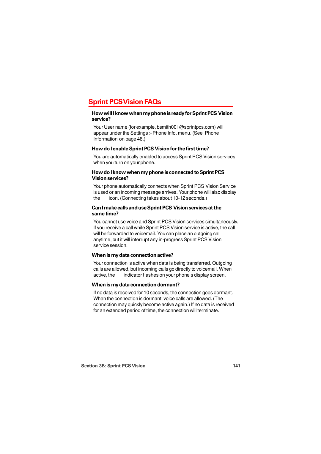 Audiovox PM8912 manual Sprint PCSVision FAQs, When is my data connection active?, When is my data connection dormant? 