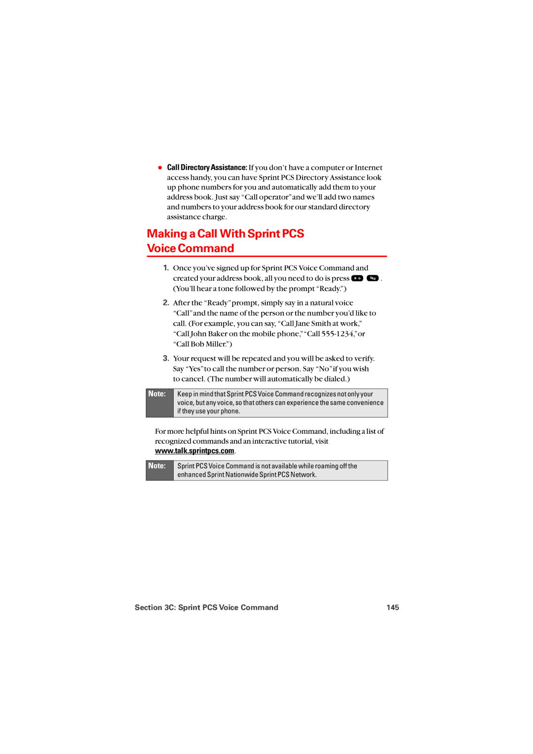 Audiovox PM8912 manual Making a Call With Sprint PCS Voice Command, Sprint PCS Voice Command 145 