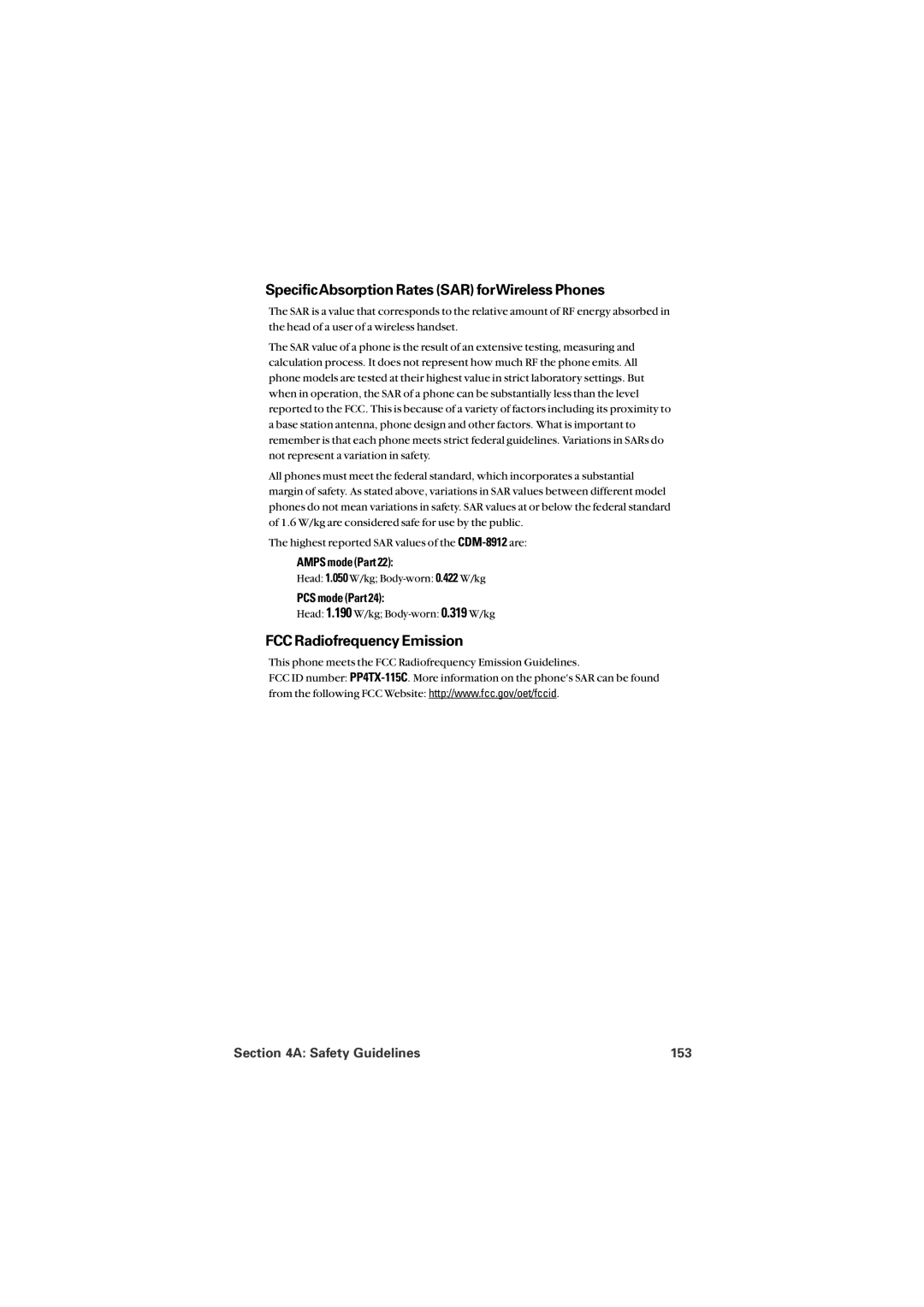 Audiovox PM8912 manual SpecificAbsorption Rates SAR forWireless Phones, FCC Radiofrequency Emission, Safety Guidelines 153 