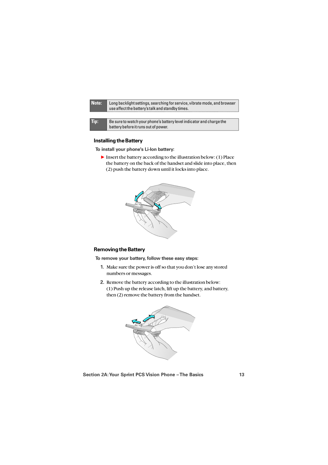 Audiovox PM8912 manual Installing the Battery, Removing the Battery, To install your phones Li-Ion battery 