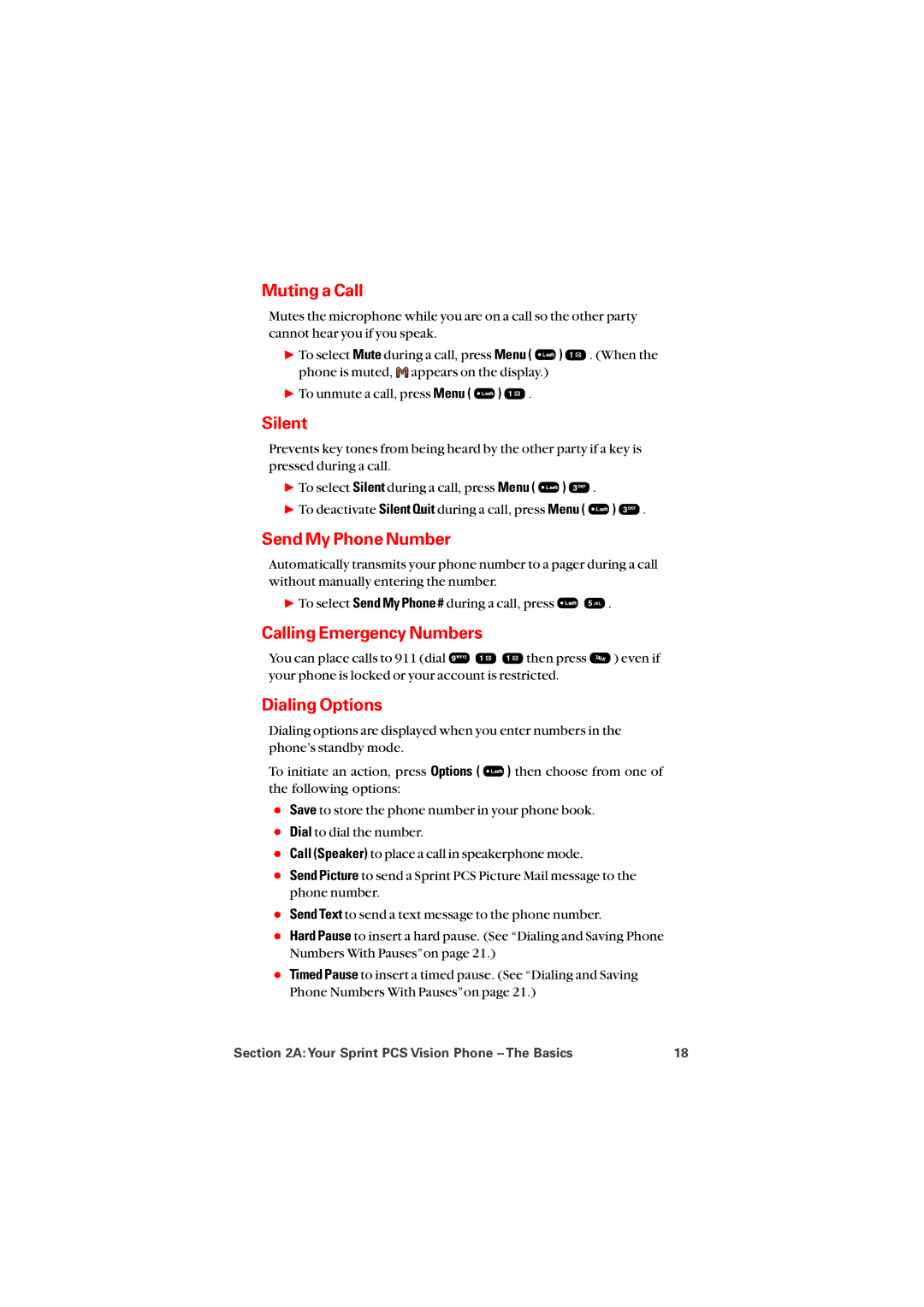 Audiovox PM8912 manual Muting a Call, Silent, Send My Phone Number, Calling Emergency Numbers, Dialing Options 