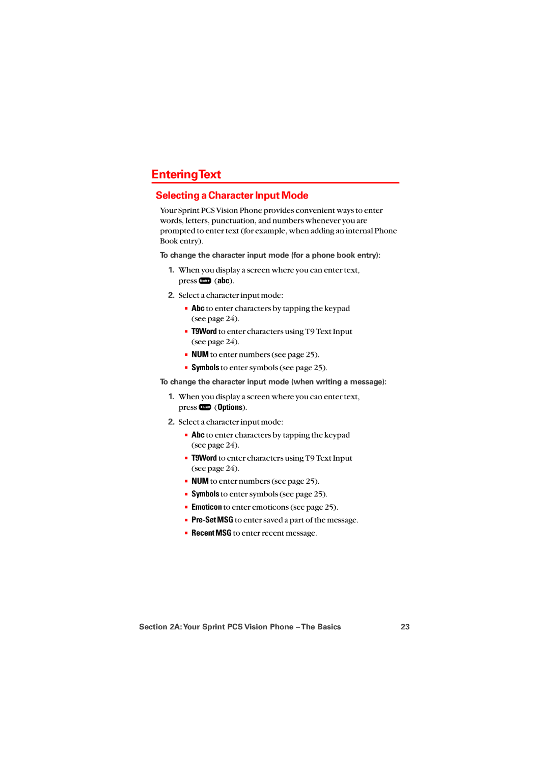 Audiovox PM8912 EnteringText, Selecting a Character Input Mode, To change the character input mode for a phone book entry 