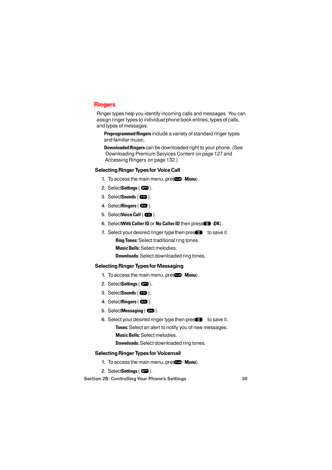 Audiovox PM8912 manual Ringers, Selecting Ringer Types for Voice Call, Selecting Ringer Types for Messaging 