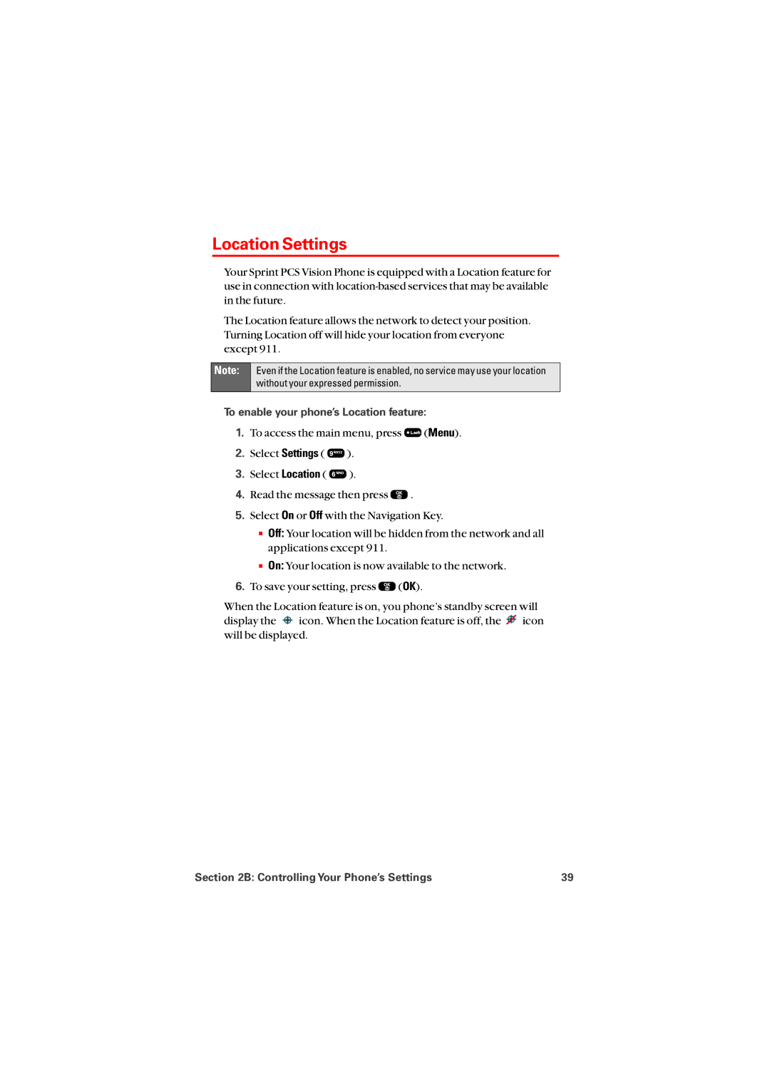 Audiovox PM8912 manual Location Settings, To enable your phone’s Location feature 