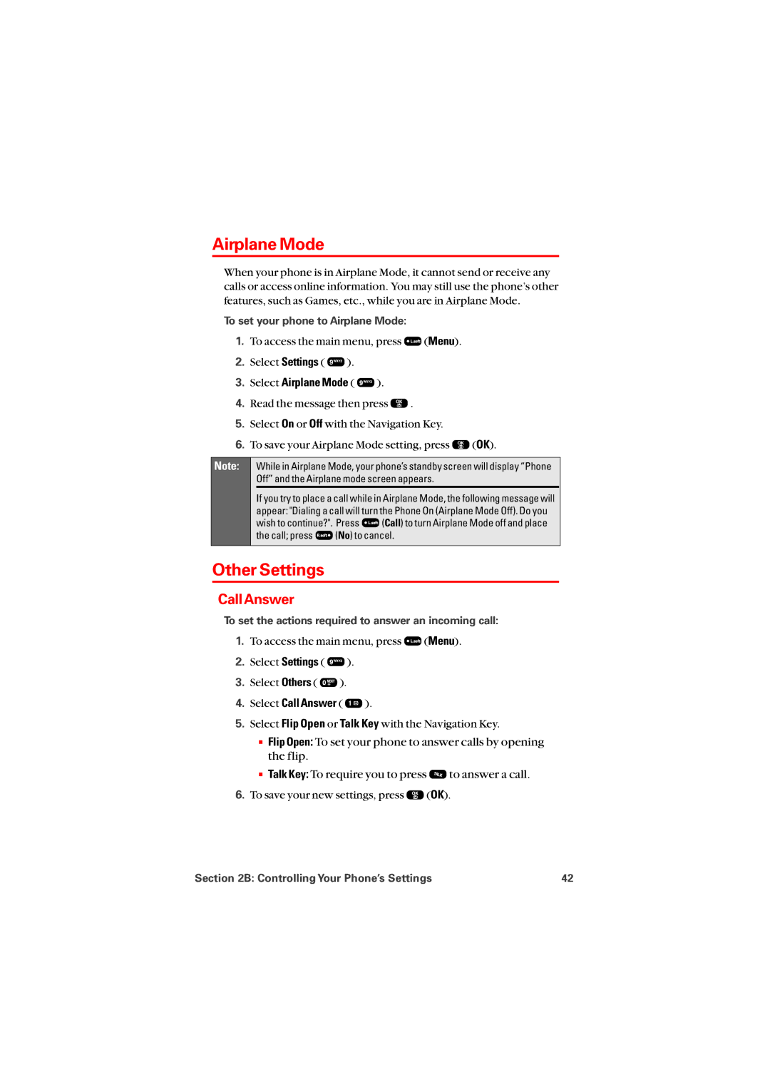 Audiovox PM8912 manual Other Settings, CallAnswer, Select Airplane Mode 