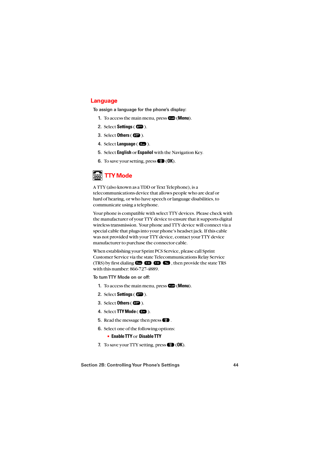 Audiovox PM8912 manual Language, TTY Mode,  Enable TTY or Disable TTY, To assign a language for the phone’s display 