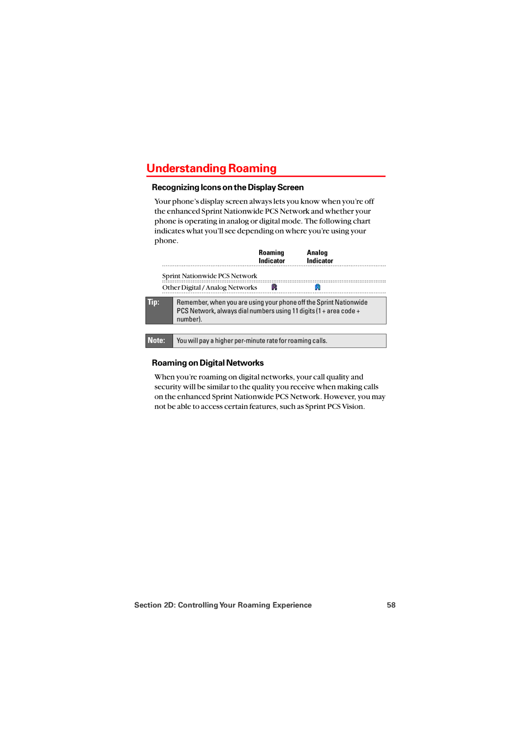 Audiovox PM8912 manual Understanding Roaming, Recognizing Icons on the Display Screen, Roaming on Digital Networks 