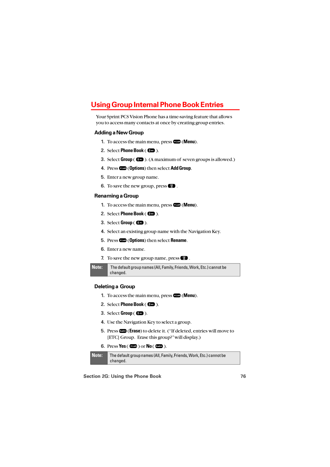 Audiovox PM8912 manual Using Group Internal Phone Book Entries, Adding a New Group, Renaming a Group, Deleting a Group 