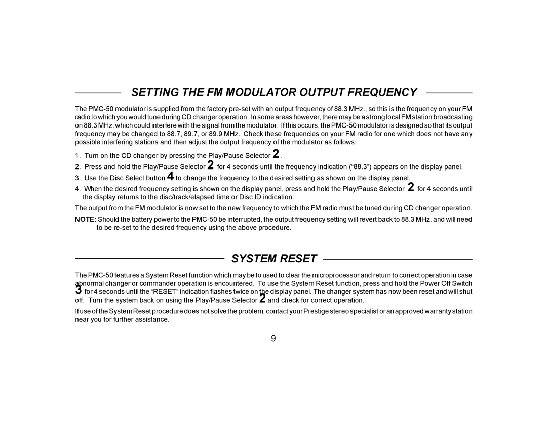 Audiovox PMC-50 owner manual Setting the FM Modulator Output Frequency, System Reset 