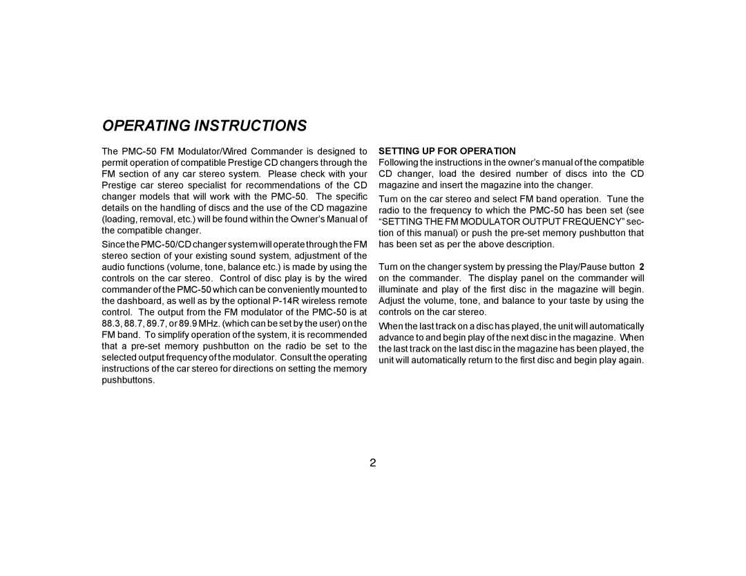 Audiovox PMC-50 owner manual Operating Instructions, Setting UP for Operation 