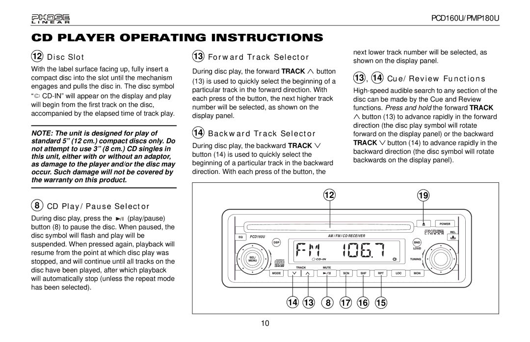 Audiovox PMP180U, PCD160U owner manual CD Player Operating Instructions 