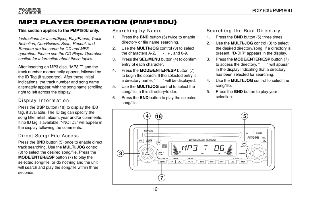 Audiovox PCD160U MP3 Player Operation PMP180U, Display Information Searching by Name, Searching the Root Directory 