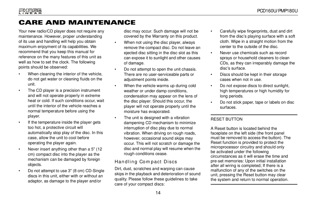 Audiovox PMP180U, PCD160U owner manual Care and Maintenance, Handling Compact Discs 