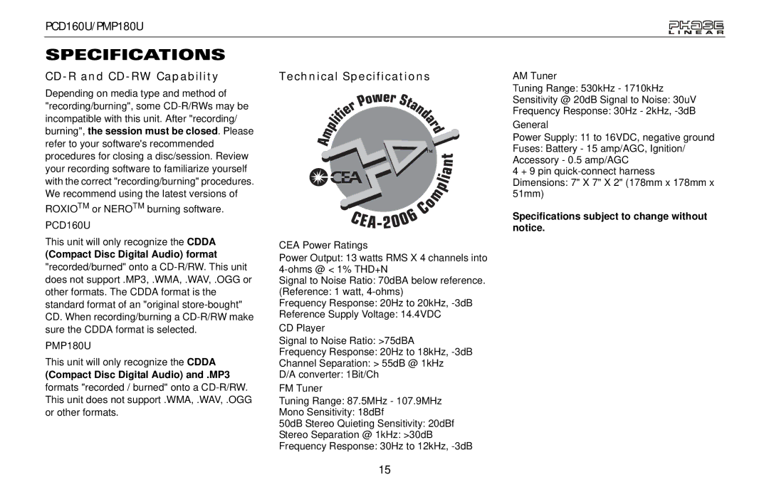 Audiovox PCD160U, PMP180U owner manual CD-R and CD-RW Capability, Technical Specifications 