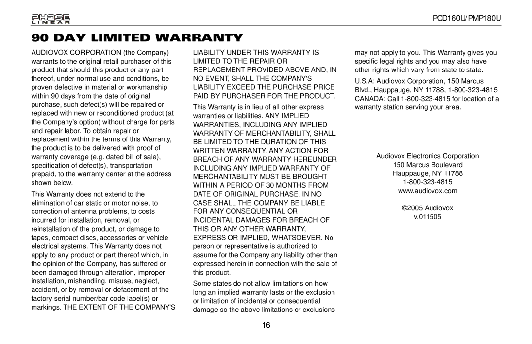 Audiovox PMP180U, PCD160U owner manual DAY Limited Warranty 