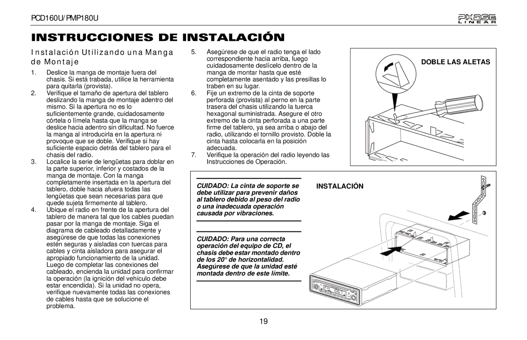 Audiovox PCD160U, PMP180U owner manual Instrucciones DE Instalación, Instalación Utilizando una Manga de Montaje 