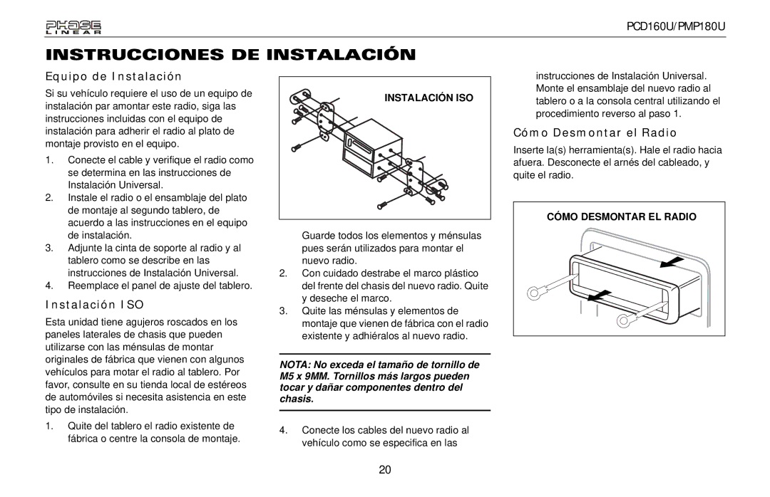 Audiovox PMP180U, PCD160U owner manual Equipo de Instalación, Instalación ISO, Cómo Desmontar el Radio 