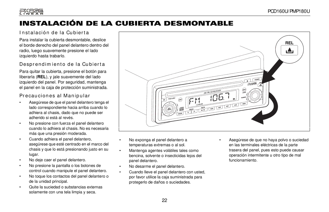 Audiovox PMP180U Instalación DE LA Cubierta Desmontable, Instalación de la Cubierta, Desprendimiento de la Cubierta 